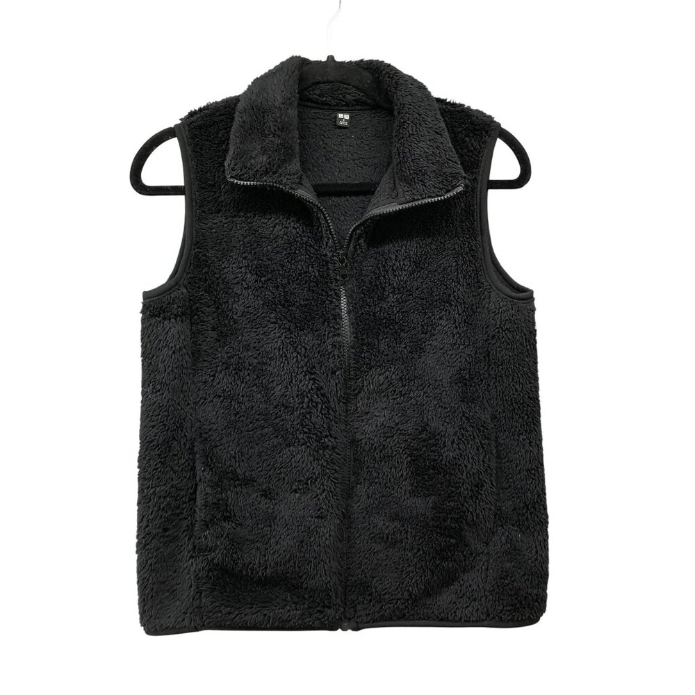 Uniqlo Plush Fleece Vest Jacket Womens S Black Sherpa Full Zip Sleeveless